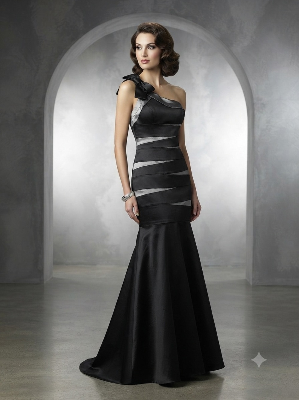 Betsy & Adam Black One-Shoulder Satin-Trim Mermaid Gown
